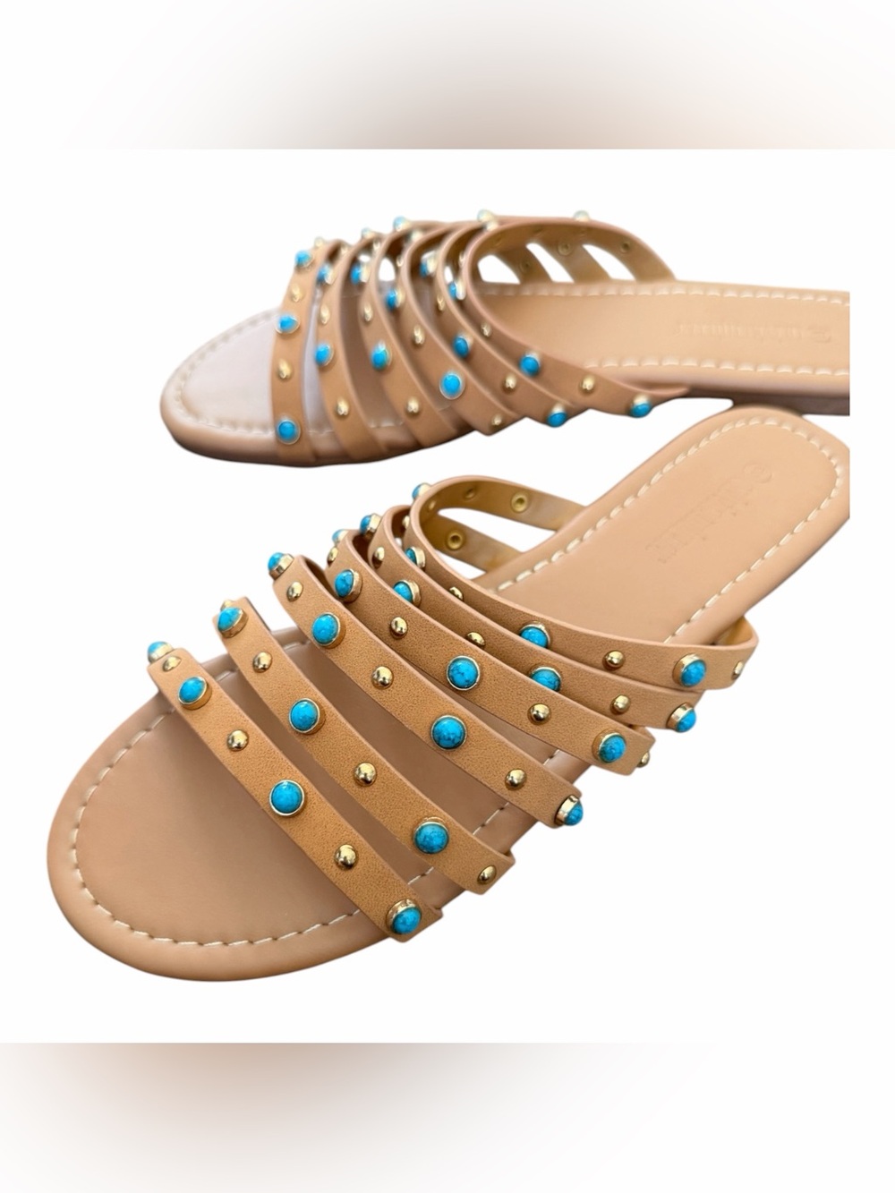 Women’s Tan Slide Sandals with Turquoise Studs